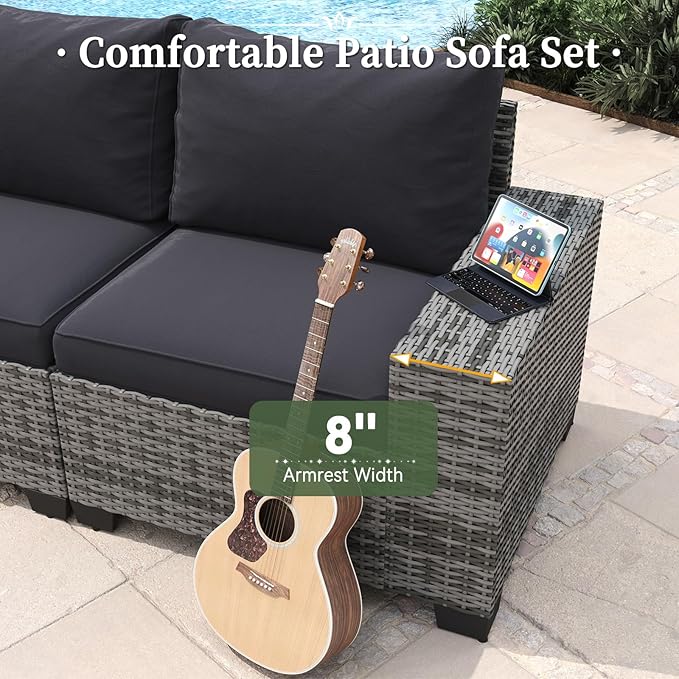 Aoxun 7 Piece Patio Furniture Set with Wide Armrests & 44” Fire Pit Table Wicker Rattan Outdoor Sectional Sofa Set with Coffee Table and Thickened Cushions, Gray/Blck(Waterproof Cover Included)