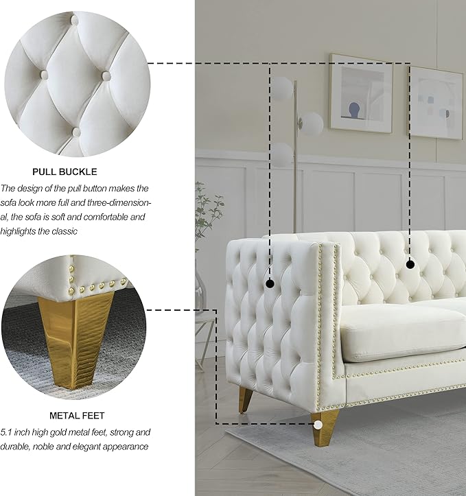 KEIKI Tufted Velvet 3 Seat Sofa Couch for Living Room, Buttons Tufted Square Arm Couch for Home Apartment, Beige