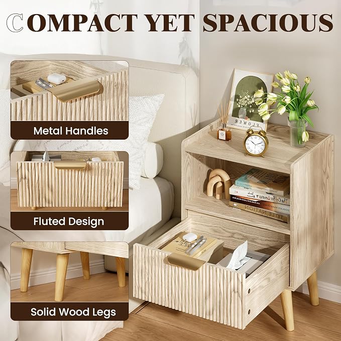 Apicizon Modern Nightstand with Storage Drawer and Open Wood Shelf, Fluted Night Stand with Solid Wood Legs, Bedside Table for Bedroom,Small Spaces, Easy Assembly, Natural - Image 6