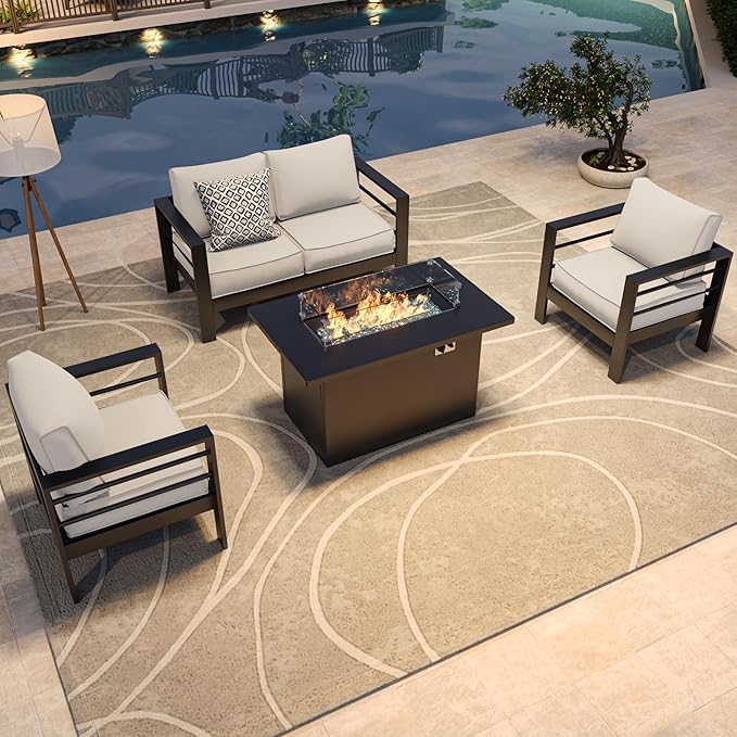 Amopatio Patio Furniture with Fire Pit, 5 Pcs Aluminum Outdoor Sectional Metal Patio Sofa Sets with Aluminum Fire Pit Table for Backyard(Included Waterproof Covers)