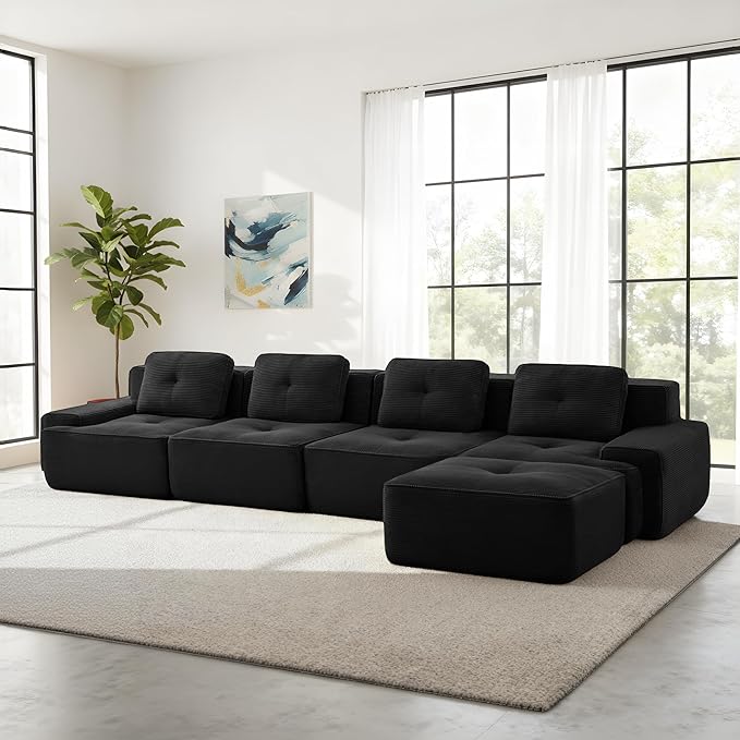 Casaphoria 150'' Corduroy Cloud Couch, 4-Seat L-Shaped Sectional Sofa with 4 Pillows & Ottoman for Living Room, Deep Seat Boneless Couch for Modern Apartment, No Assembly Required, Black