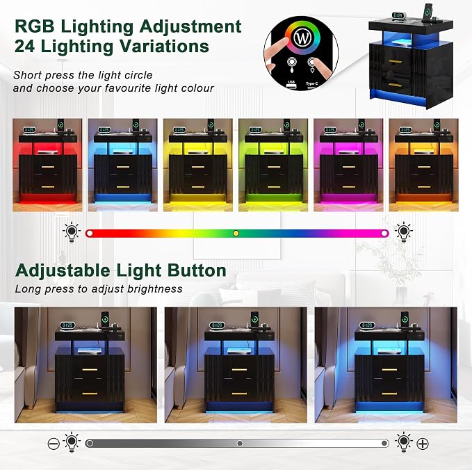 Nightstand with Wireless Charging Station, Bedroom Bedside Table with RGB Lights, Smart Night Stand with 2 Drawers, Bedside Tables Modern Bedside Table for Bedroom, Living Room(Black) - Image 4