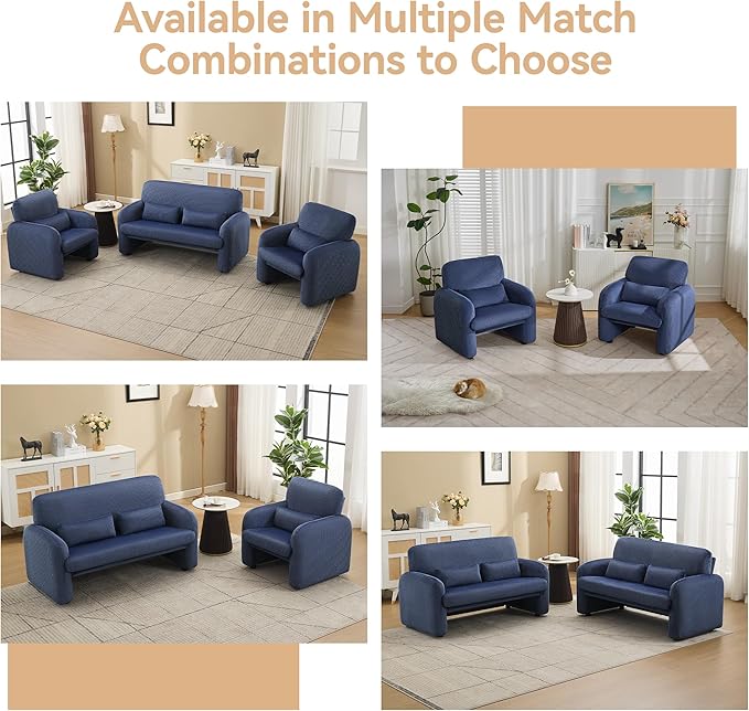 WUTUTUEE Corduroy Accent Living Room Sets, Modern Upholstered Love Seat with 2 Accent Chairs, Wide Comfy Leisure Chair Sets for Bedroom, Office, Blue