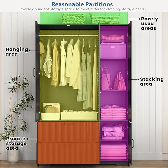 68.5” Armoire Wardrobe Closet with Mirror Door, Freestanding Modern Wooden 3 Doors Fluted Closet with 2 Drawers & Storage Cabinet & Adjustable Shelves & Hanging Rod for Bedroom (Black)