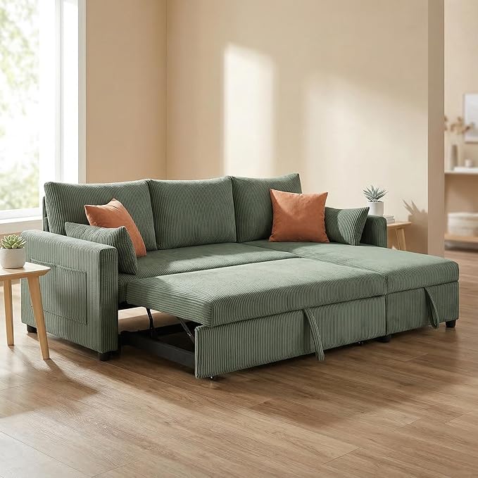 Casaphoria 85" Corduroy Sleeper Sofa with Pull Out Bed & Storage Chaise, L-Shaped Sectional Couch for Small Apartment, Living Room & Guest Room, 3-Seat Convertible Sofa Bed, Olive Drab