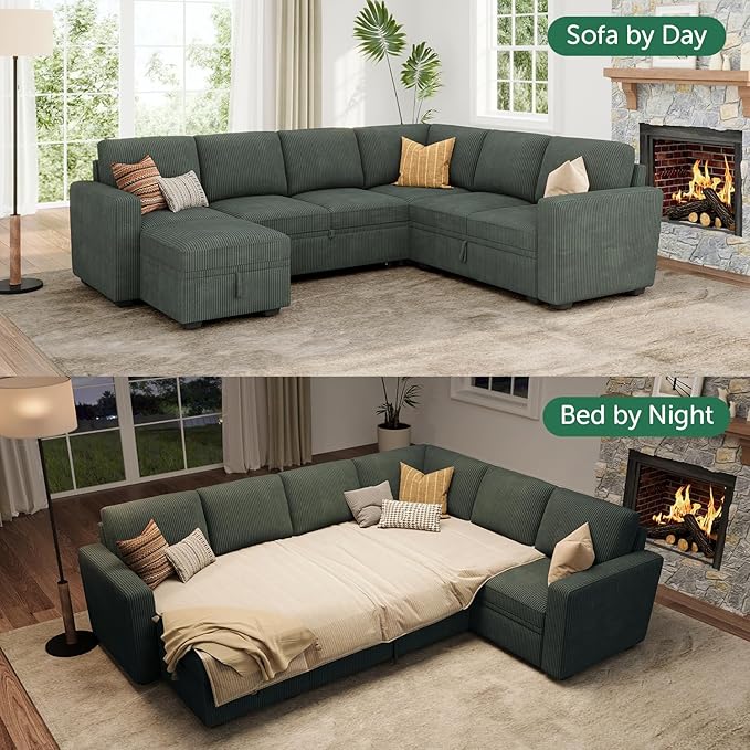 HONBAY Modular Sectional Sleeper Sofa with Pull Out Bed, Corduroy Couch with Storage Seats Ottoman, U Shaped Sectional Couches for Living Room, Green
