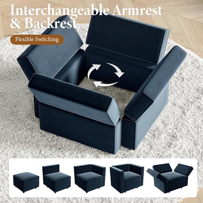 Vesgantti Sectional Sleeper Sofas with Storage, 92" Sofa Bed with 6 Seats Storage Chaises Removeble Cover, Deep Seat Modular Couches Velvet Couch Set for Living Room, Apartment, Home Theatre, Blue