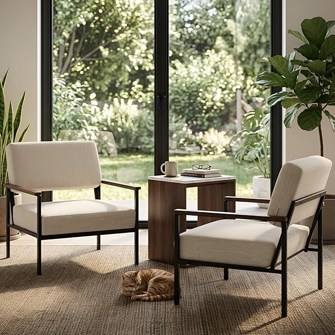 Mid Century Modern Beige Accent Chairs Set of 2, Comfy Arm Chairs with Black Metal Frame Soft Linen Fabric Upholstered Armchairs Living Room Chairs Lounge Chairs Reading Chairs for Bedroom/Office
