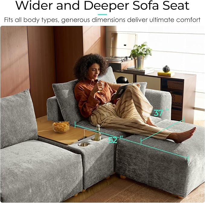 LINSY HOME Cloud Couch Sectional, Modular Sofa Sectionals for Living Room Bedroom, 91" U Shape Love Seat Couch with Ottoman, 2 Seater Deep Seat Cozy Couch Luxury Chenille Sofas, Grey