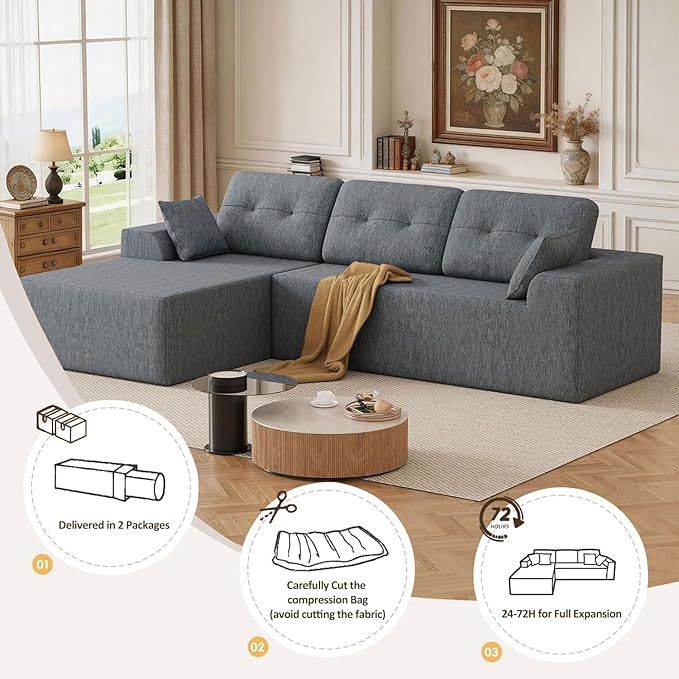 Ball & Cast 106''L Shaped Modern Sofa Modular Sectional Cloud Couch with Pillow,3-4 Seater Convertible Boneless Comfy Chenille Sofa Couches for Living Room, Bedroom and Apartment,Left Facing(Grey)