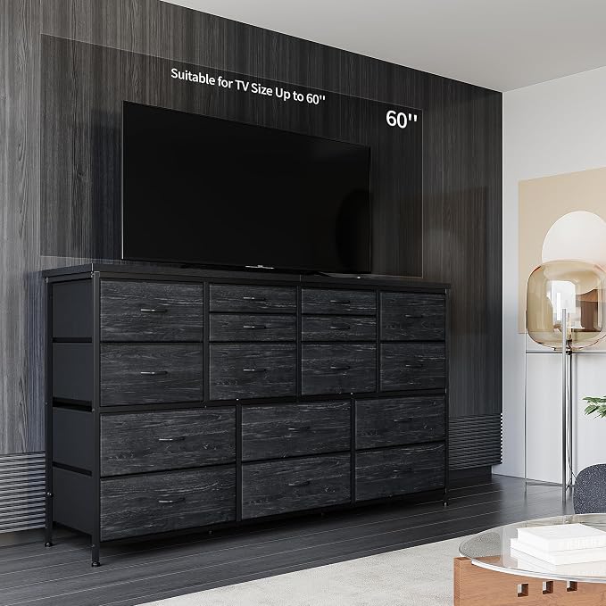 16 Drawers Long Dresser for Bedroom, 51"W Dressers with Power Outlets for 60"Inch TV for Living Room, Entertainment Center with Storage, Media TV Stand Console Table 51.1''W*11.8''D*34.8''H, Black - Image 3