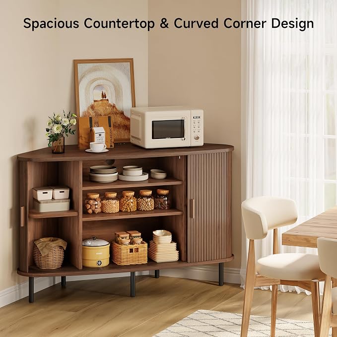 47" Corner TV Stand for up to 55" TVs, Modern Fluted Sliding Door Cabinet with Power Outlet, Wood Storage Entertainment Center, Media Console for Living Room, Walnut - Image 3