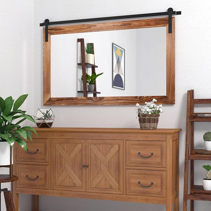 COGOOD Farmhouse Barn Door Mirror - 41" x 26" Rustic Wood Framed Wall Mirror for Bathroom, Living Room, Bedroom Wall Decor (Brown) - Image 3