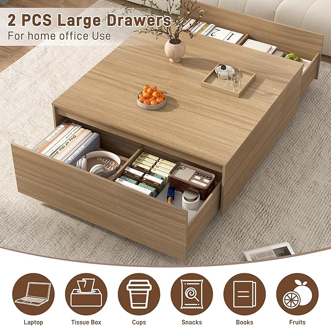 43 Inch Large Square Coffee Table with Storage,Modern Wooden Coffee Table with 2 Drawers Storage for Living Room,Mid Century Tea Table/Aesthetic Coffee Tables Center Table for Home Office(Oak)
