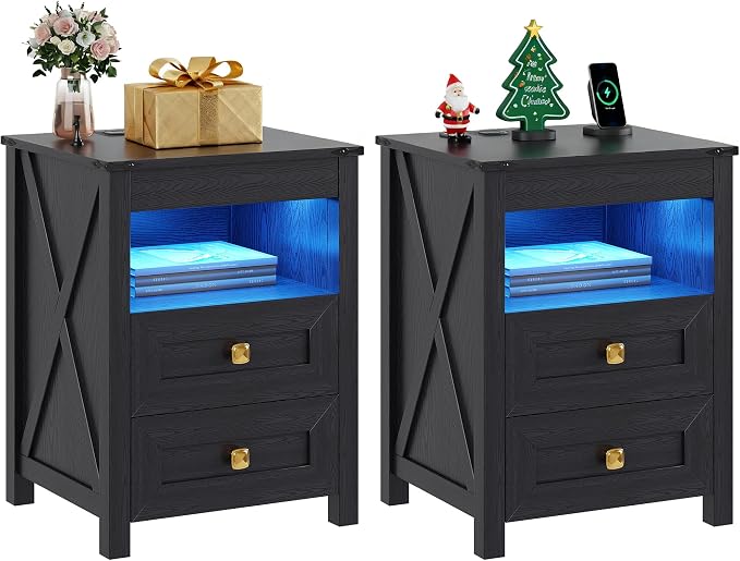 TAGELIER Night Stand Set 2 with Gun Drawer, Farmhouse Bedside Table with Charging Station, Gun Nightstand with LED Light & Human Sensor, Smart End Table for Bedroom, Black by TAGELIER