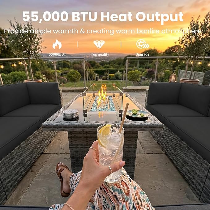 10 Pieces Patio Furniture Set with 44" Propane Gas Fire Pit Table, Outdoor Sectional Wicker Conversation Sofa Sets with Coffee Table