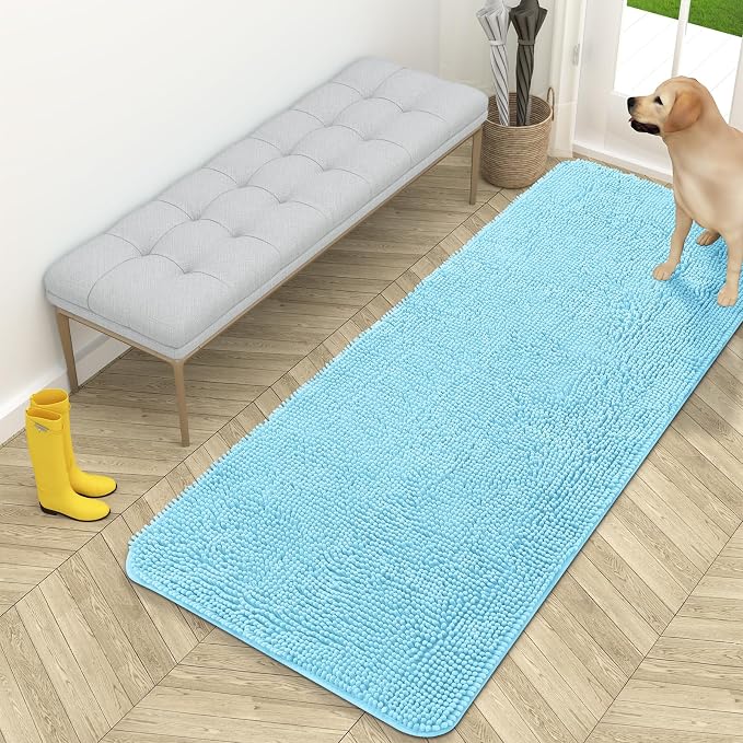 OLANLY Dog Door Mat for Muddy Paws 59x24, Absorbs Moisture and Dirt, Absorbent Non-Slip Washable Doormat, Quick Dry Chenille Mud Mat for Dogs, Entry Indoor Entryway Carpet for Inside Floor, Blue by OLANLY