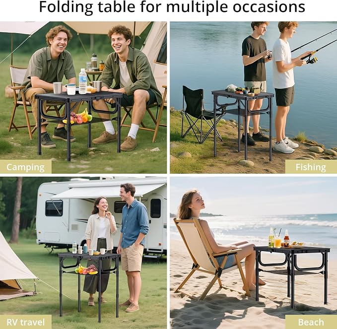 Anbte Folding Camping Table with Storage Net, Pure Black Aluminum 2ft Picnic Table 23.2" x 16" Outdoor Table Adjustable Height Max 27.5", Lightweight, Waterproof, Portable Handle for Travel Cooking - Image 5