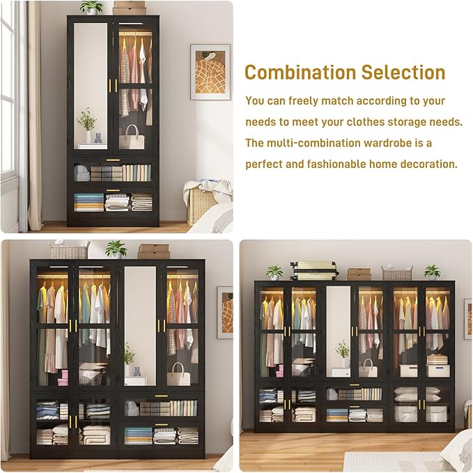 2 Doors Armoire Wardrobe Closet with LED and Mirror,71" H Freestanding Wooden Wardrobe Closet Cabinet for Bedroom w 2 Drawers,Wooden Clothing Storage Cabinet w Hanging Rod,Closets for Bedroom(Black)