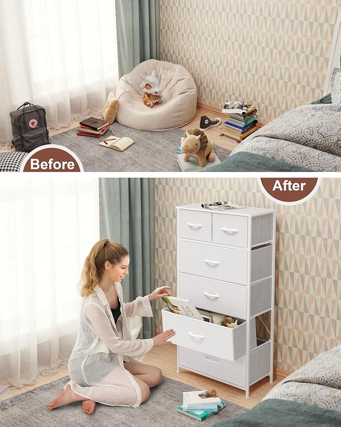Crestlive Products Tall Dresser for Bedroom Vertical Skinny Dresser - Sturdy Steel Frame, Wood Top, Easy Pull Fabric Bins- Organizer Unit for Bedroom, Entryway, Closets - 6 Drawers (White) - Image 9