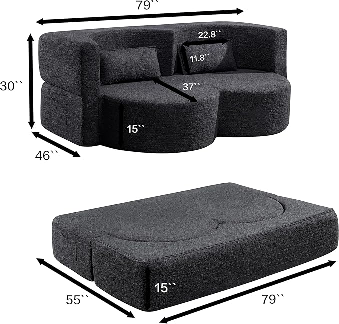 KEIKI 79" Convertible Floor Sofa Bed, Fold ‌Teddy Sleeper Cloud Couch with Storage & Deep Seat, Comfy Upholstery Curved Boneless Futon Couches, 2-in-1 Sofas for Living Room Bedroom, No Assembly, Black
