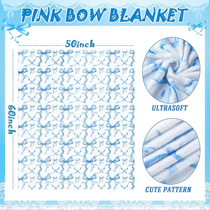 Buryeah Blue Bow Throw Blanket Valentine's Day Galentines Day Gifts Preppy Blanket Coquette 50 X60 Flannel Soft Cute Bow Lightweight Aesthetic Room Decor for Women Friends for Sofa Couch Travel Bed