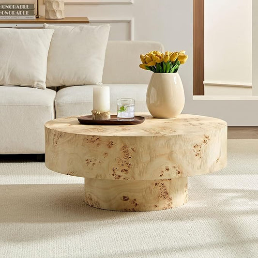 31.49" Round Coffee Table with Burl Wood Veneer & Sturdy Pedestal, Modern Luxury Circle Drum Center Table, Accent Side Table End Table for Living Room Apartment, Natural