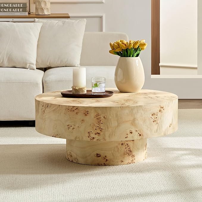 WILLIAMSPACE 31.49" Round Coffee Table with Burl Wood Veneer & Pedestal, Modern Wood Circle Drum Center Table for Living Room, Circular Accent Side End Table for Apartment, 13.77" H (Natural Burl)