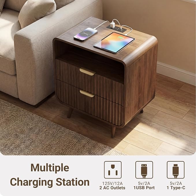 24" Curved Nightstand with Charging Station & LED Light,Modern Fluted End Table with 2 Drawers,Large Wooden Side Table with Open Shelf for Bedroom,Walnut,Set of 1 - Image 3
