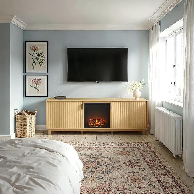 Walker Edison Arundo Reeded TV Stand with Fireplace & Storage, 70" Fireplace, Coastal Oak - Image 2