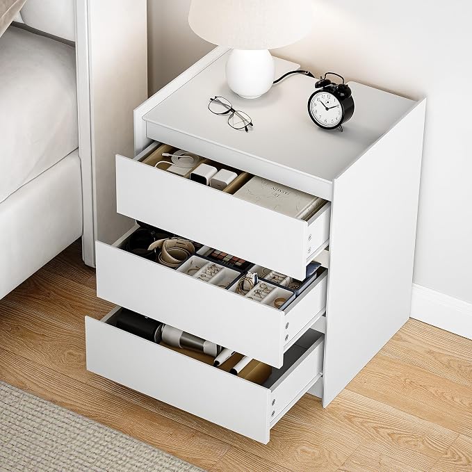 24" Tall Nightstand with Charging Station Including USB-C, Modern Bedside Table and Sofa End Table - White, 3 Drawers, 1-Pack - Image 2