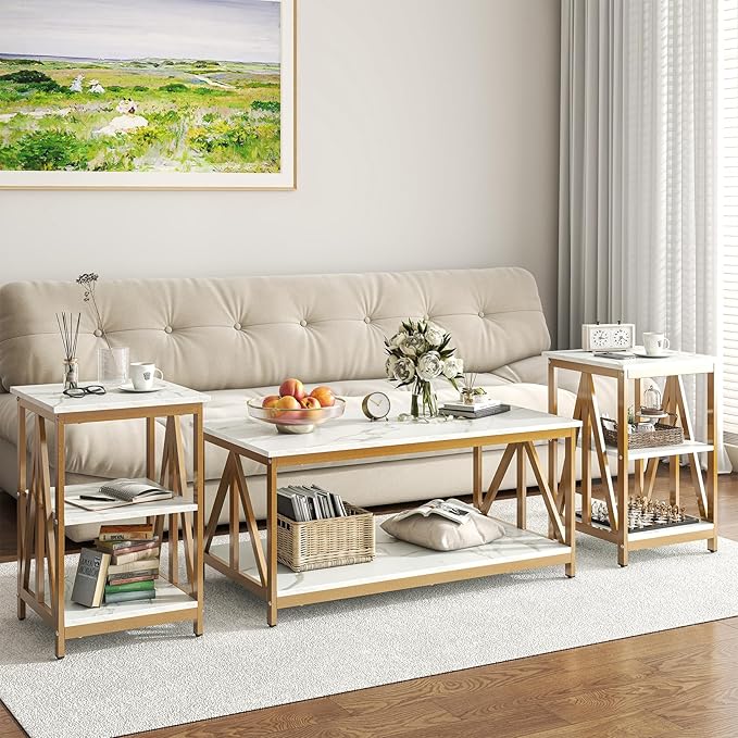 Bigbiglife Living Room Coffee Table Set of 3, Industrial X-Design Coffee Table and 2 End Side Tables, 3 Piece Living Room Table Set with Large Storage for Apartment Home (Marble White)