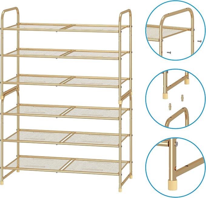 Simple Trending 3-Tier Stackable Shoe Rack, Expandable & Adjustable Shoe Shelf Storage Organizer, Metal Mesh, Gold - Image 5
