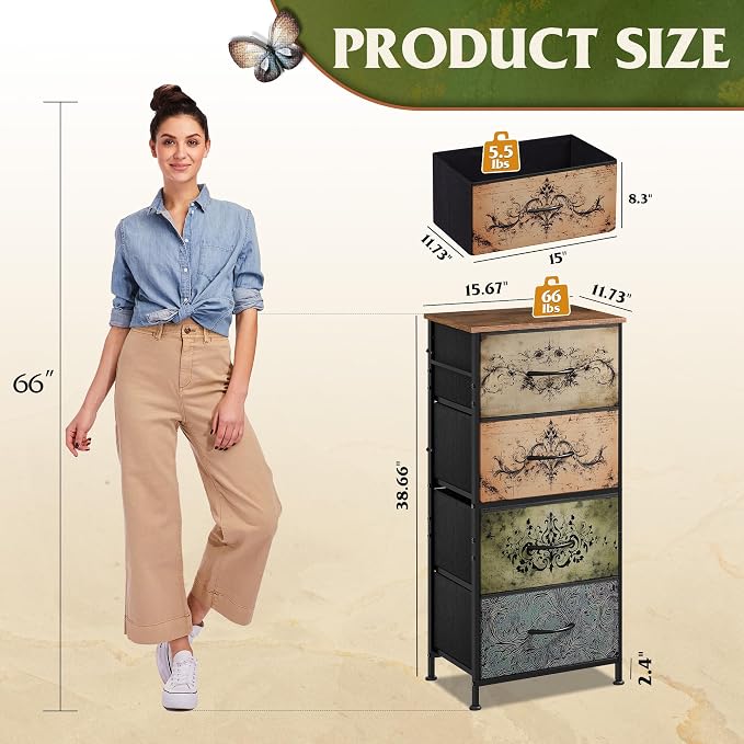 WLIVE Dresser with 4 Drawers, Storage Tower, Organizer Unit, Fabric Dresser for Bedroom, Hallway, Entryway, Closets, Sturdy Steel Frame, Wood Top, Easy Pull Handle, Pattern - Image 3