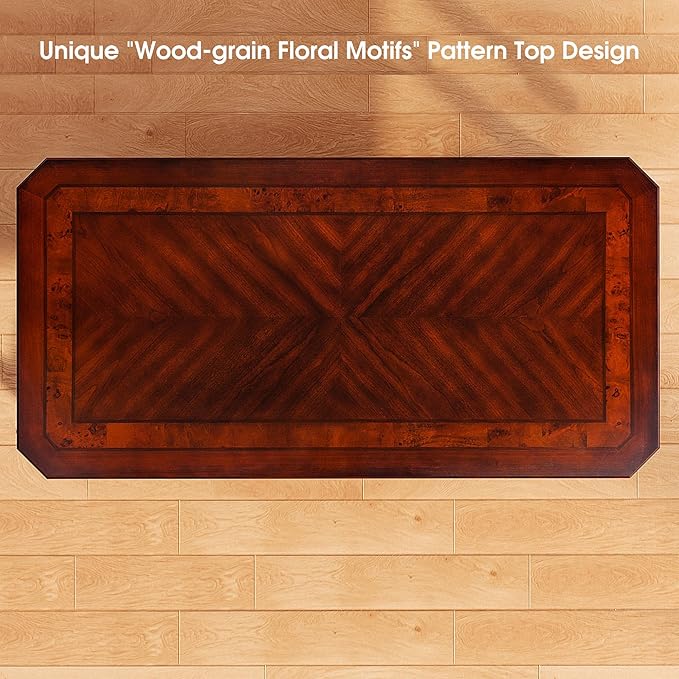 PADMA HOUSE Traditional Wood Coffee Table with Storage Shelf, Rectangle Solid Wood Tea Table with Curved Legs, 2-Tier Wooden Center Tables in Cherry for Living Room,47.2 * 23.6 * 17.9in