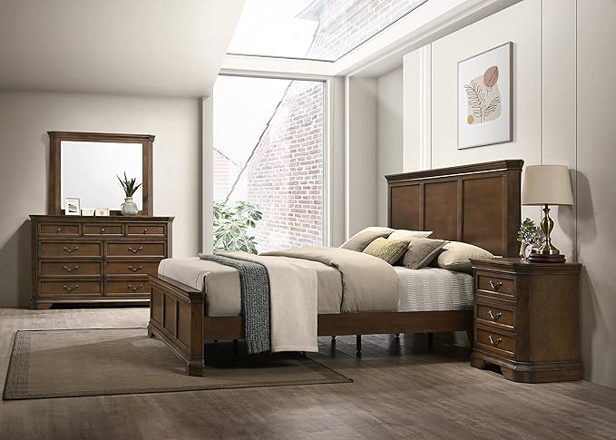 Roundhill Furniture Maderne Traditional Wood Panel Bed with Dresser, Mirror, Two Nightstands, Chest, King, Antique Walnut Finish