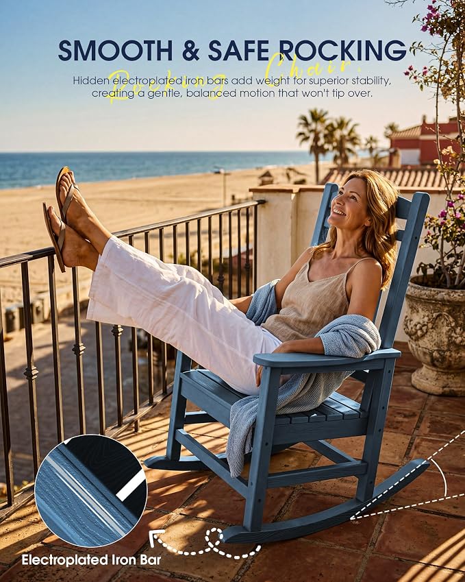 KINGYES Oversized HDPE Rocking Chairs Outdoor, Patio Rocking Chairs with 330lbs Support, Smooth Porch Rocker for Deck Lawn Yard, Navy - Image 9
