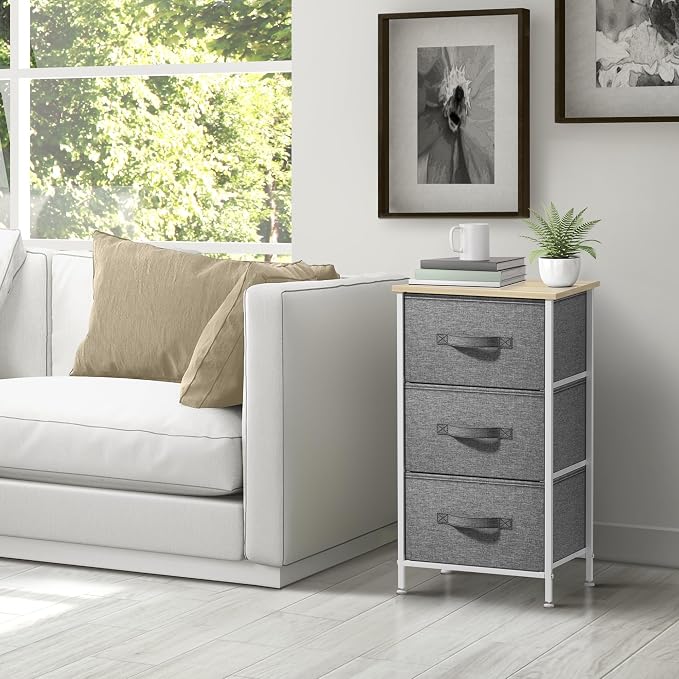 Sorbus Nightstand with 3 Drawers - Bedside Furniture & Night Stand End Table Dresser with Steel Frame, Wood Top, Easy Pull Fabric Bins for Home, Bedroom Accessories, Office & Dorm - Image 6