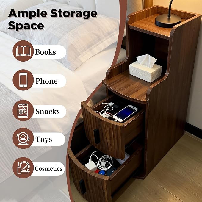 Narrow Nightstands Set of 2 with 2 Drawers for Small Spaces Skinny Mid Century Modern Bedside Tables Thin Dark Brown Night Stands Furniture with Storage Shelves for Bedroom Sofa Office(2, Walnut) - Image 4