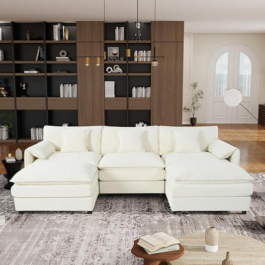 109-Inch U-Shaped Sectional Cloud Sofa Oversized Modular 5 Seaters Sofa Couch with 2 Ottoman Chaise and Pillow Armrest, Chenille Upholstered Convertible Cloud Couch