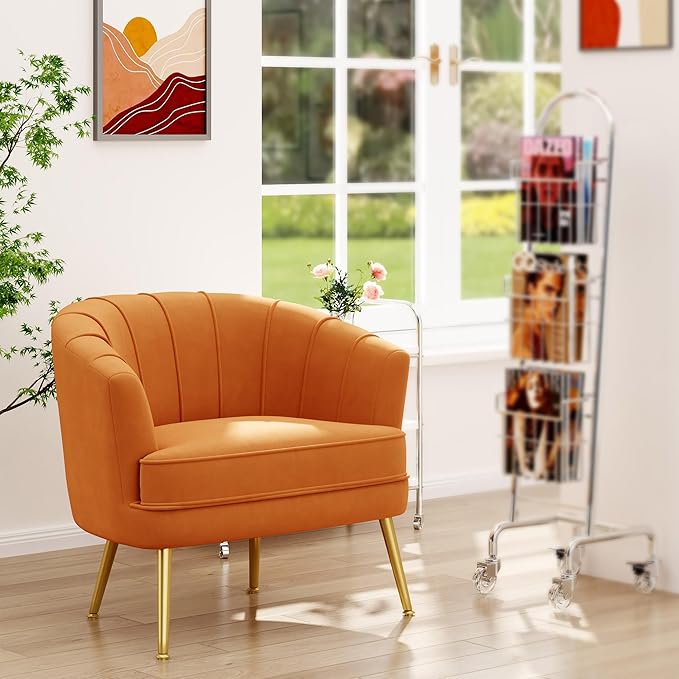Andeworld Velvet Accent Chair Set of 2, Upholstered Modern Single Sofa Side Chair,Comfy Barrel Club Living Room Armchair with Golden Metal Legs for Bedroom Living Reading Room Office, Orange