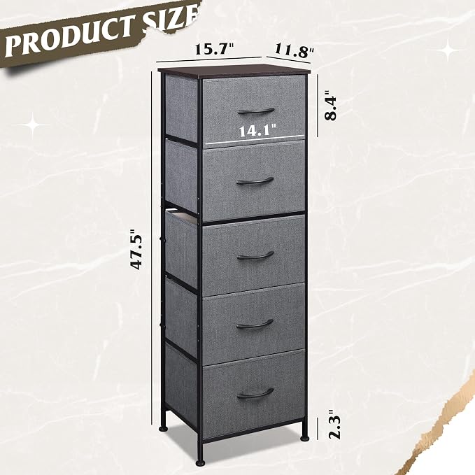 WLIVE Fabric Dresser, 5-Drawer Tall Dressers for Bedroom, Storage Dresser Organizer with Fabric Bins, Wood Top, Sturdy Steel Frame, Chest of Drawers for Closet, Hallway, Dark Grey - Image 3