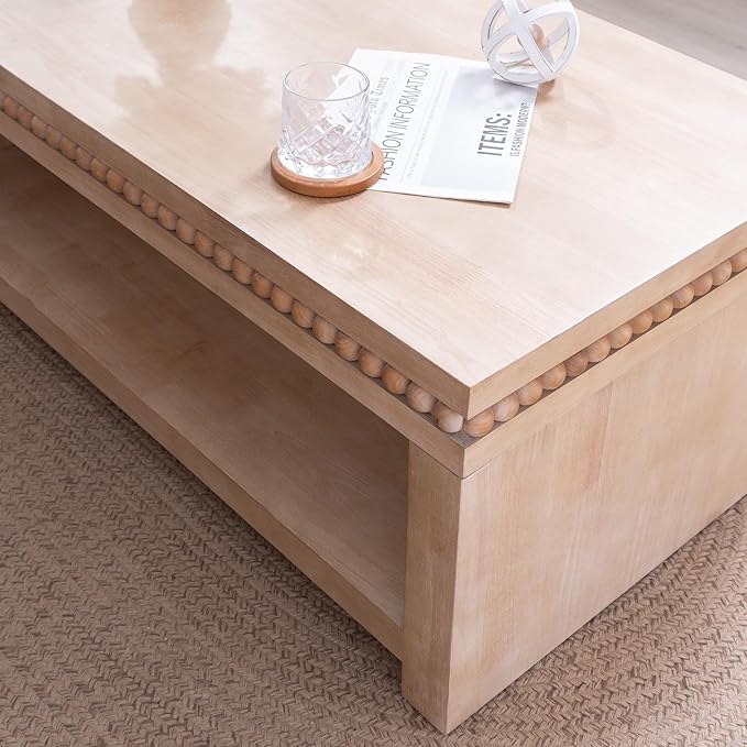 Rectangular Coffee Table with Real Wood Beads, Rustic Wooden Center Table with Open Storage Shelf, Farmhouse Tea Table for Living Room Apartment Office,47.6" L x 23.7" W x 18" H