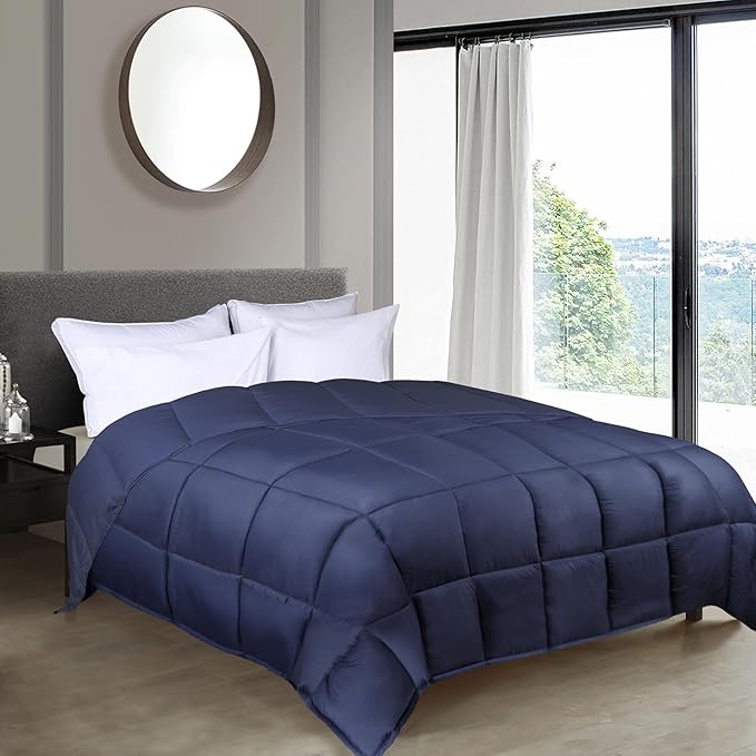 Superior Brushed Microfiber Comforter, Down Alternative Bedding, Medium Weight, Soft Bed Cover, Plush Duvet Insert, Oversized Blanket, Box Quilt, Reversible Comforter, Twin/Twin XL, Navy Blue
