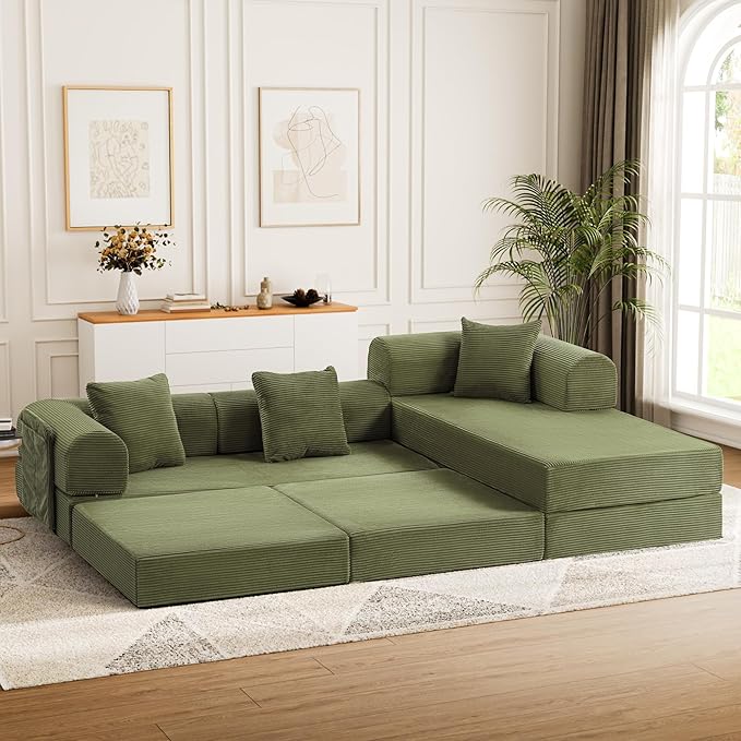 106.3" L Shape Convertible Sleeper Sofa Bed, Oversized Modular Sectional Cloud Sofa with Fixed-Shape Frame & Storage Pocket, Boneless Couch for Living Room, No Assembly Required, Green