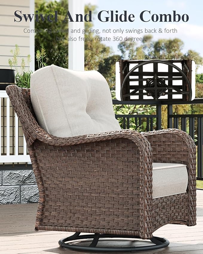 LayinSun 10 Piece Wicker Outdoor Furniture Set with 6-inch Comfy Cushions, High Back Patio Furniture Set with Swivel Rocking Chairs and Fire Pit Table