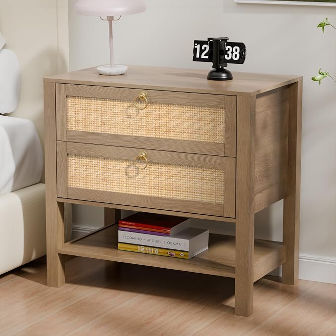 Rattan Nightstand Set of 2 with 2 Drawers and Storage Shelf, 26” Tall Wide Night Stand, Wood Large Bedside Table for Bedroom, Side Table, Carbon Cherry - Image 3