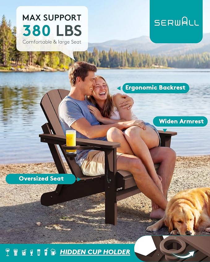 SERWALL Folding Adirondack Chair Set of 2, All Weather Adirondack Chairs with Cup Holder for Patio Garden Outdoors Fire Pit - Coffee - Image 8