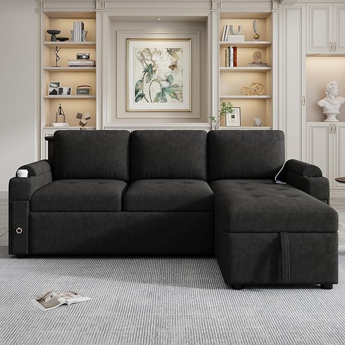Eafurn 83.5" Sleeper Sectional Sofa with Pull Out Couch Bed, Convertible L-Shaped Sofa with Storage Chaise, Quick Assemble Sleeper Corner Sofa with Cup Holders & USB Ports