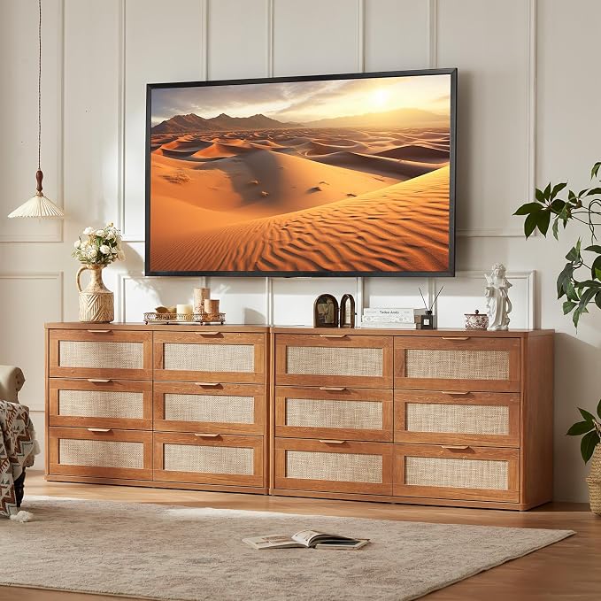 LEYAOYAO Rattan Dresser for Bedroom Set of 2, Boho 48" Wide 6 Drawer Dresser Chest of Drawers, Wood Dressers TV Stand with Metal Handle, Storage Dressers Closet Organizer for Living Room, Hallway by LEYAOYAO-Findtheshiningpointofyourideallife%EF%BC%81